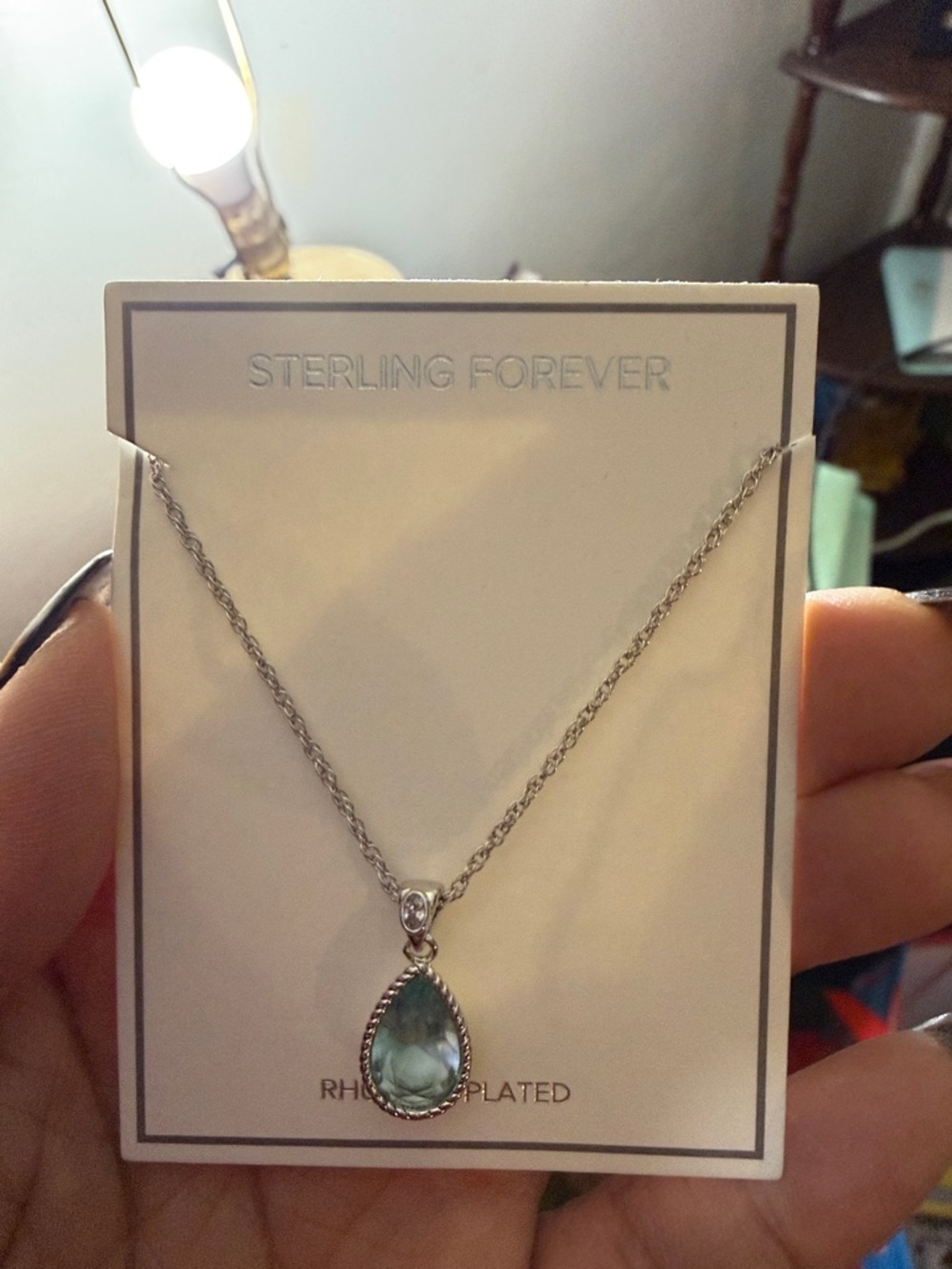 Sterling Forever Aqua Teardrop Necklace - Rhodium Plated